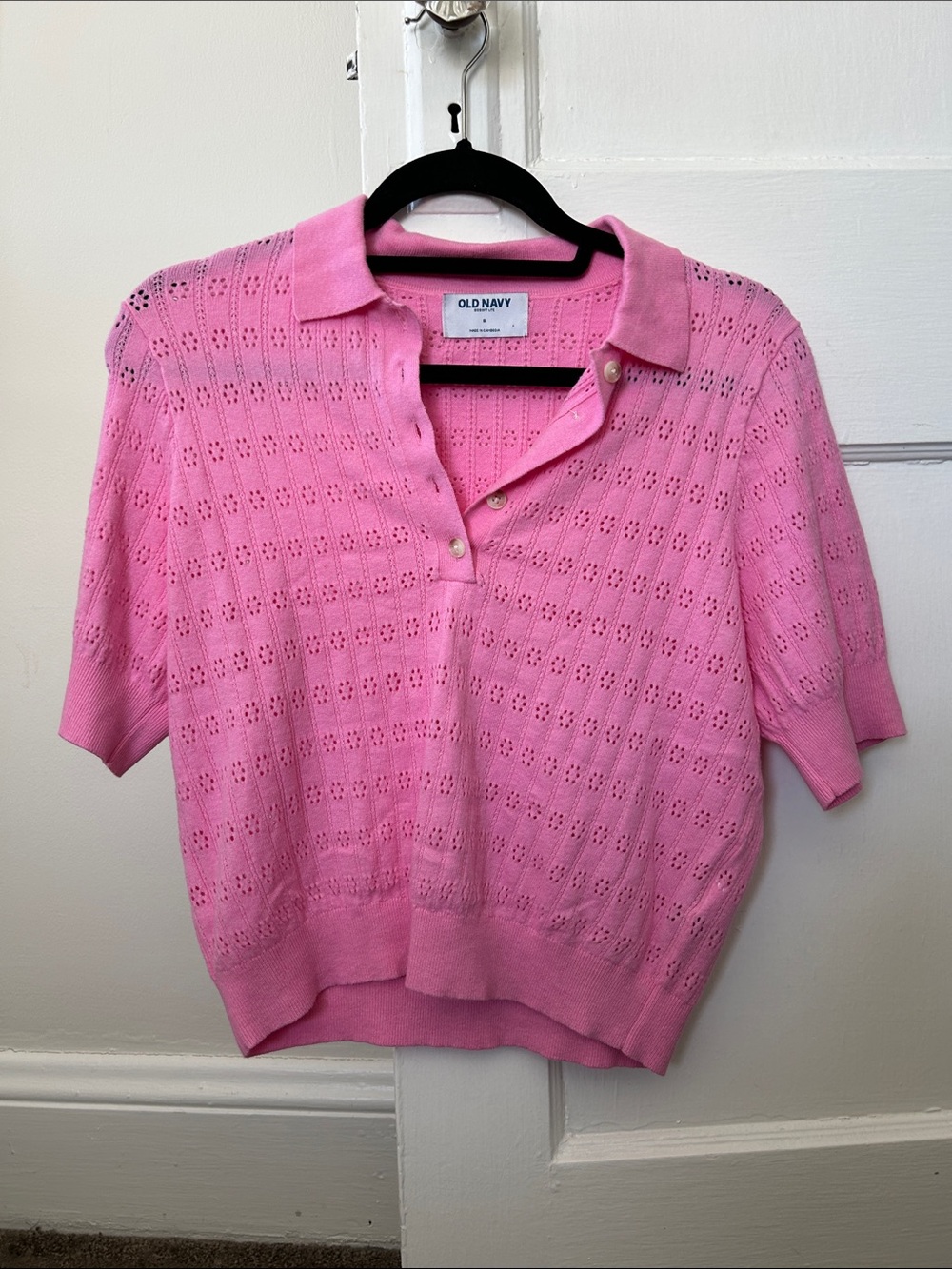 Old Navy Pink Eyelet Knit Polo Sweater